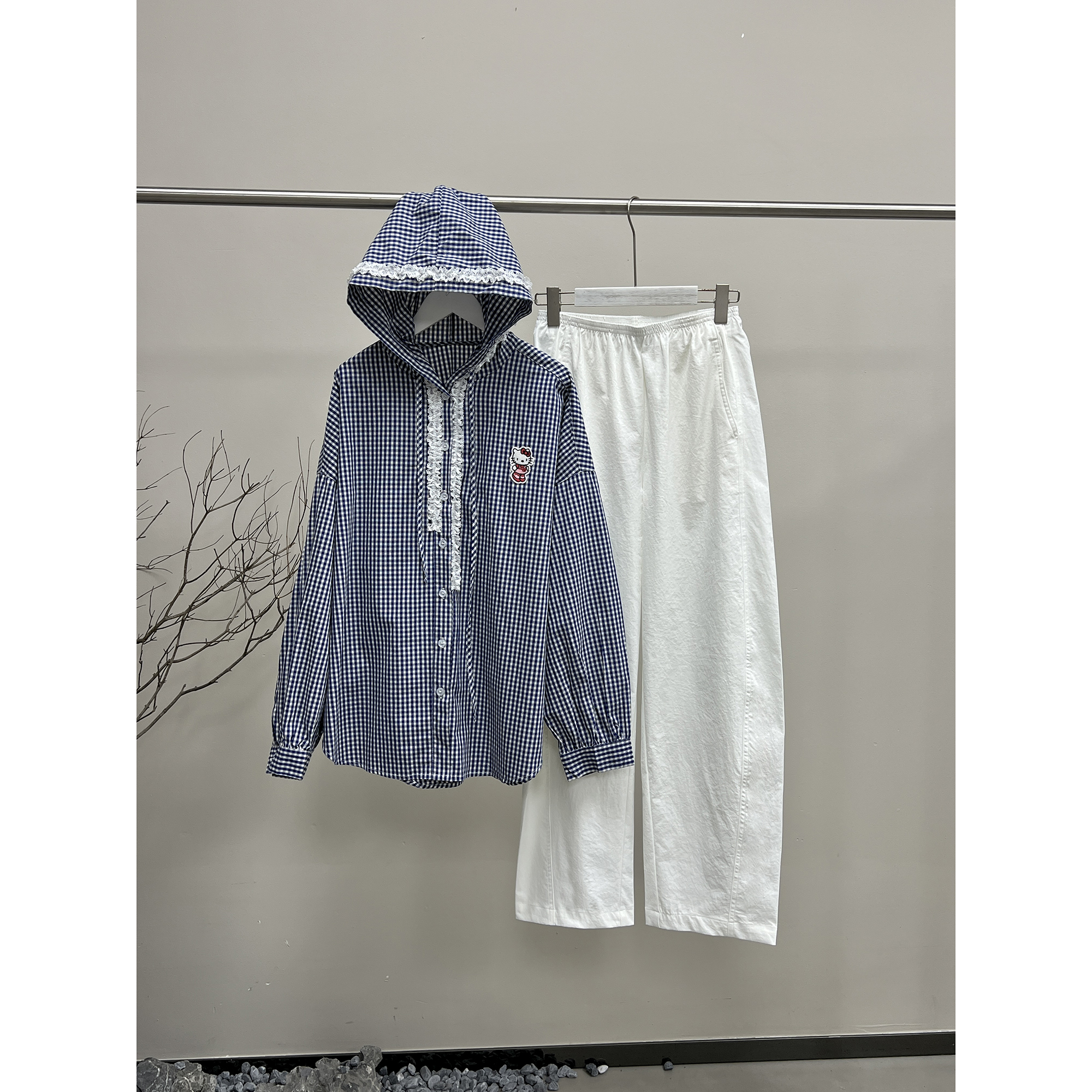 蕾丝边连帽格子衬衫9365