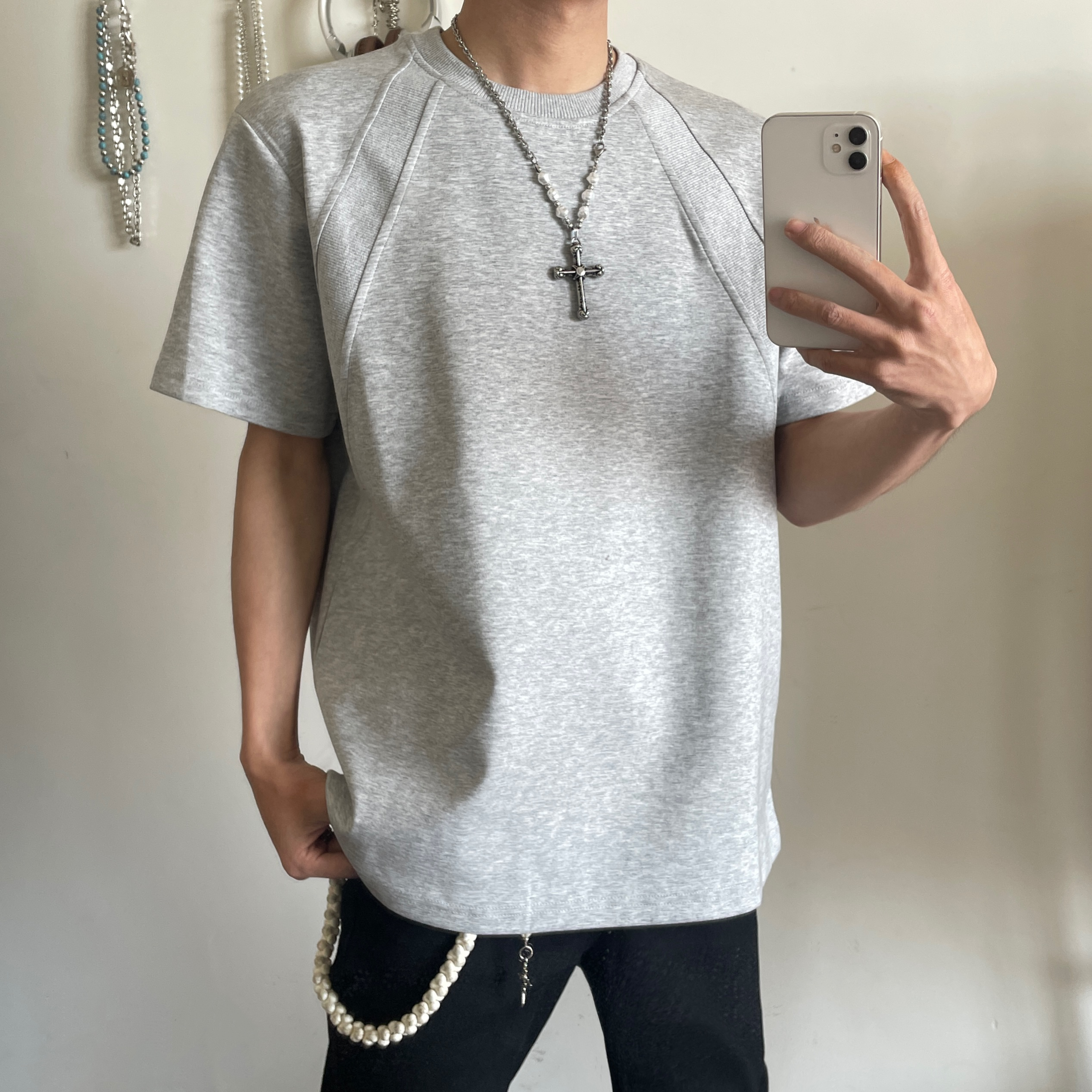 正肩拼接重磅260g短袖男款夏季新款美式短款boxy版型情侣半袖t恤 