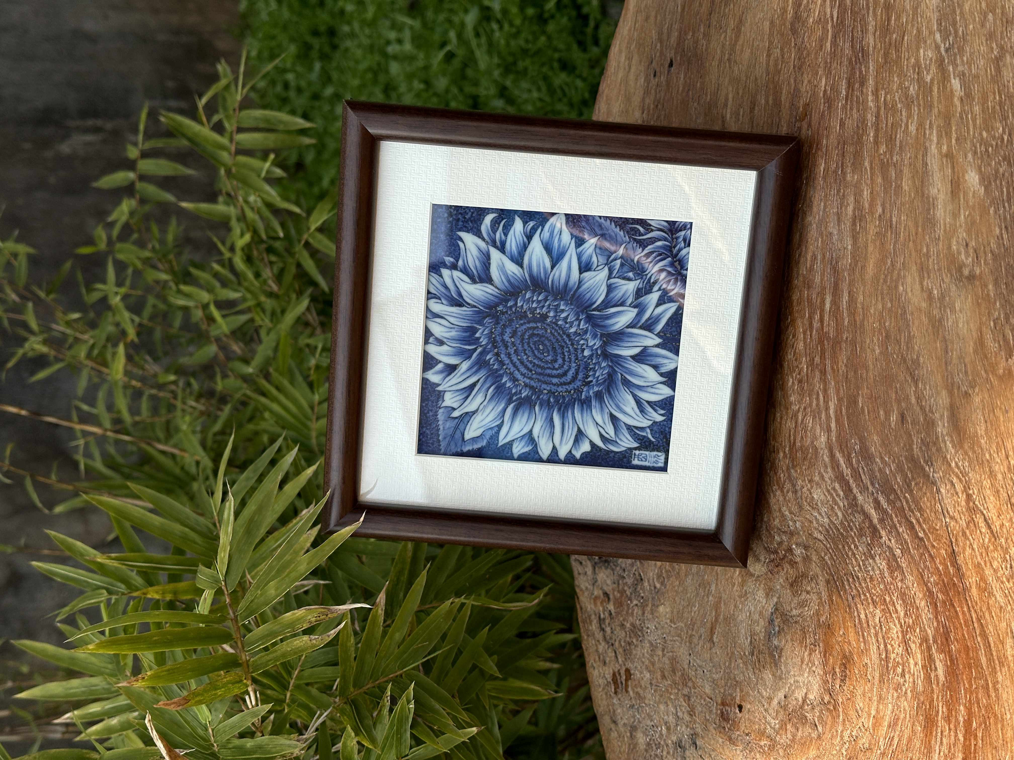 酉瓷窑｜明永宣青花向日葵小瓷板画摆件纯手工陶瓷带框18.5x18.5cm