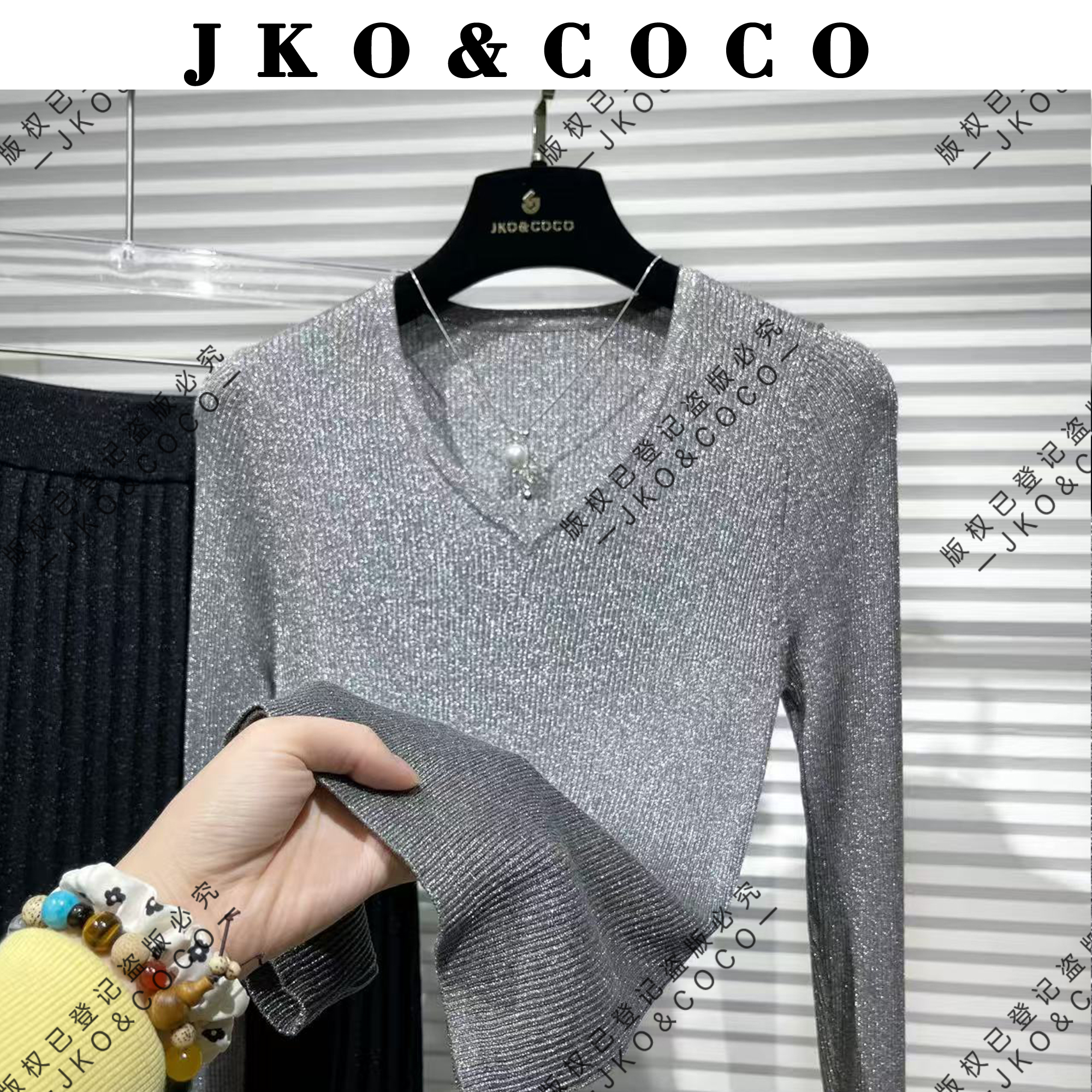 JKO&COCO【恋人】早秋气质百搭进口水晶纱 修身显瘦 V领 针织衫