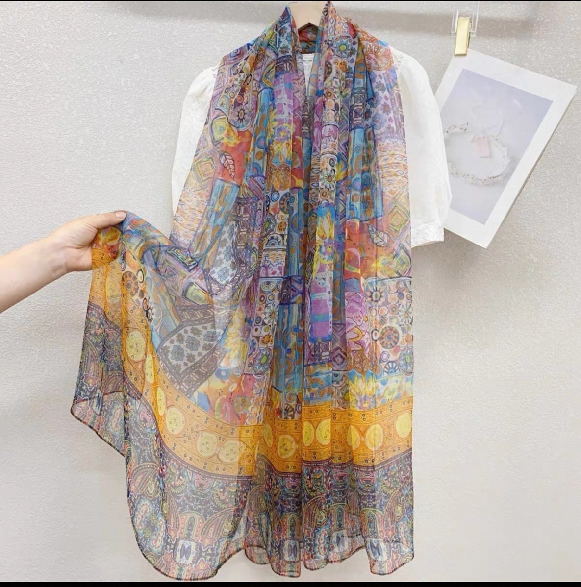 1217 波西米亚风气质清冷新中式丝巾成人植物花卉薄款时尚围巾