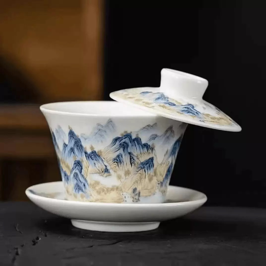 羊脂玉白瓷盖碗可悬停旋转陶瓷单个高档三才防烫茶具套装茶碗茶杯