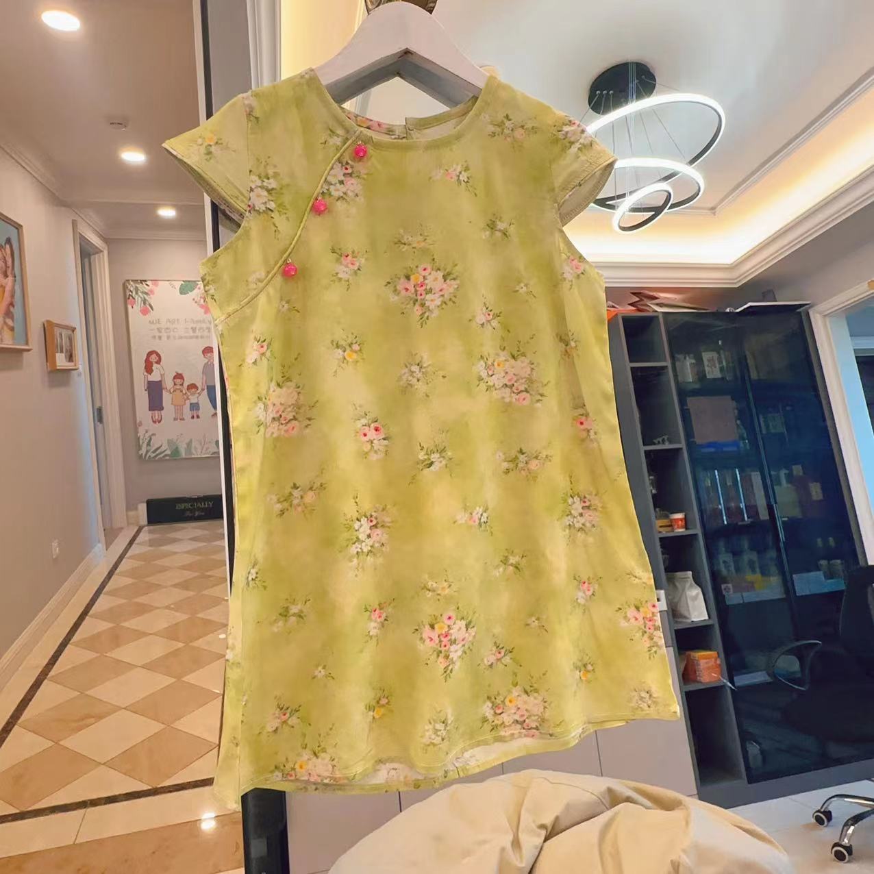 盼夏新圆领国风棉绸旗袍2025夏季国风女童长款印新中式旗袍