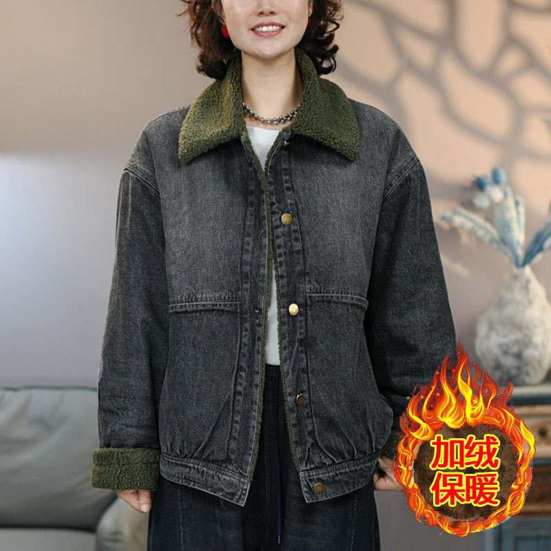 2618黑加绒毛领牛仔棉服女2025冬季新款加绒加厚防风保暖棉衣