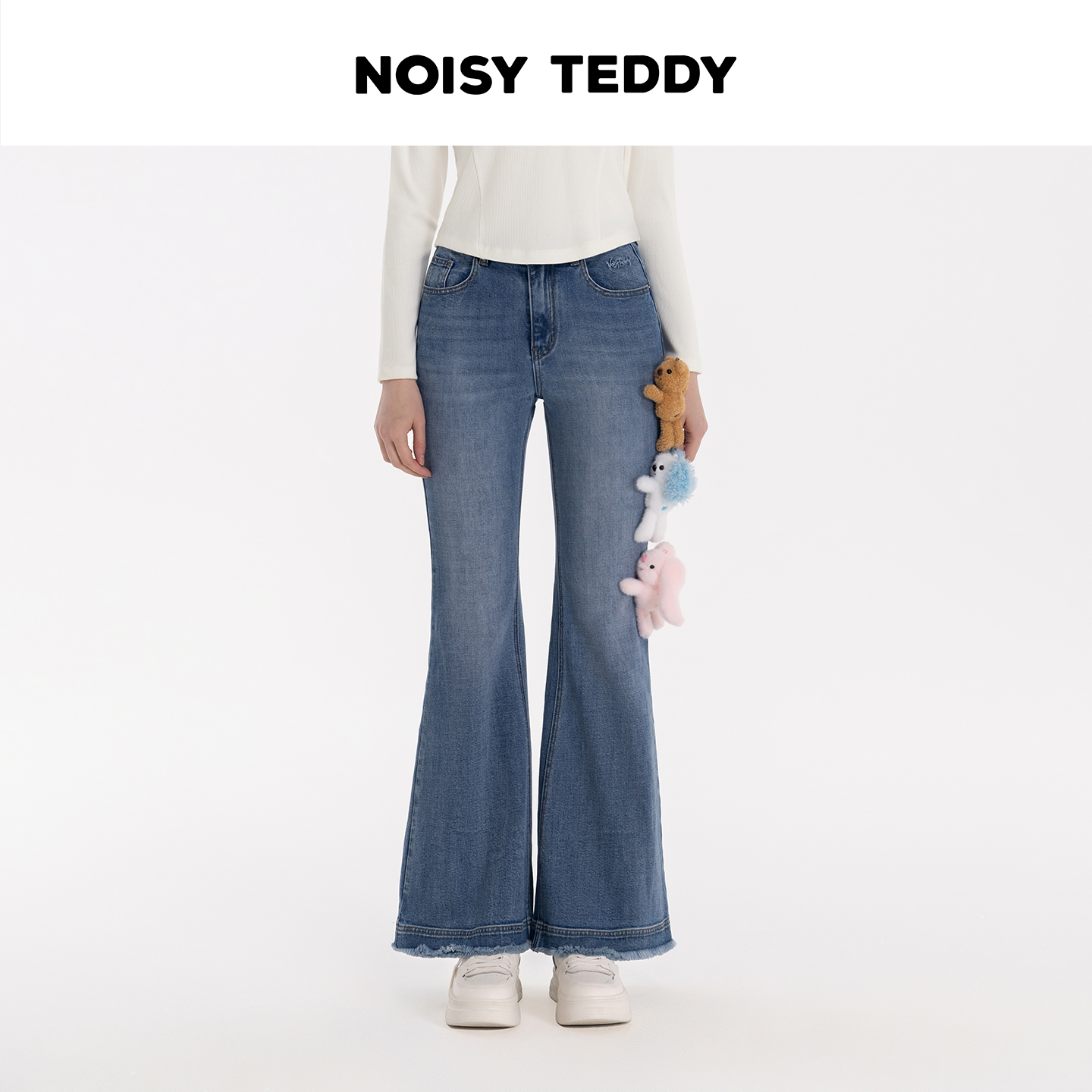 NOISY TEDDY 丹宁风立体小熊蓝色复古中腰水洗阔腿喇叭裤牛仔裤