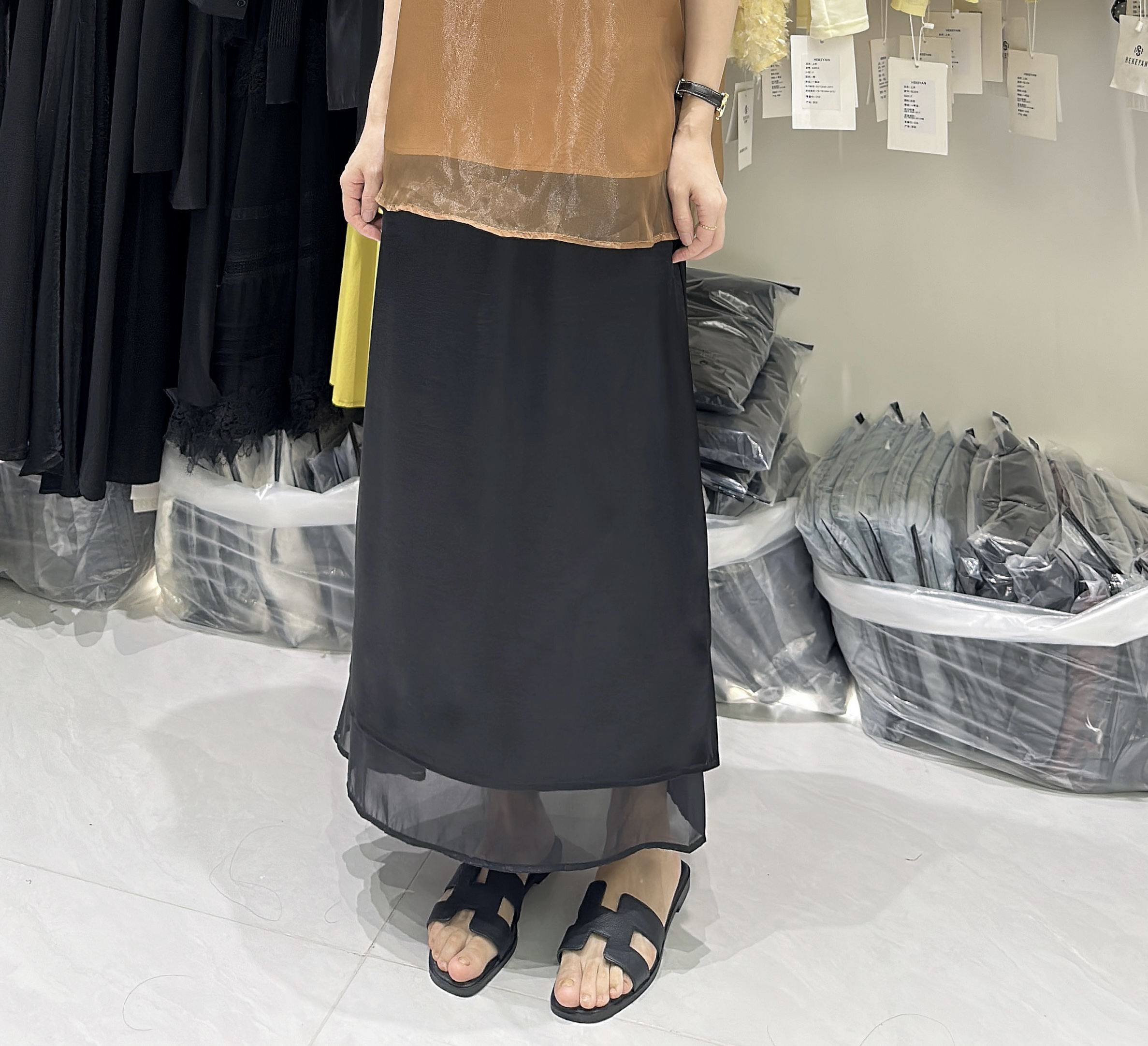 欧根纱开叉醋酸缎面女士高腰显瘦气质长款半身裙