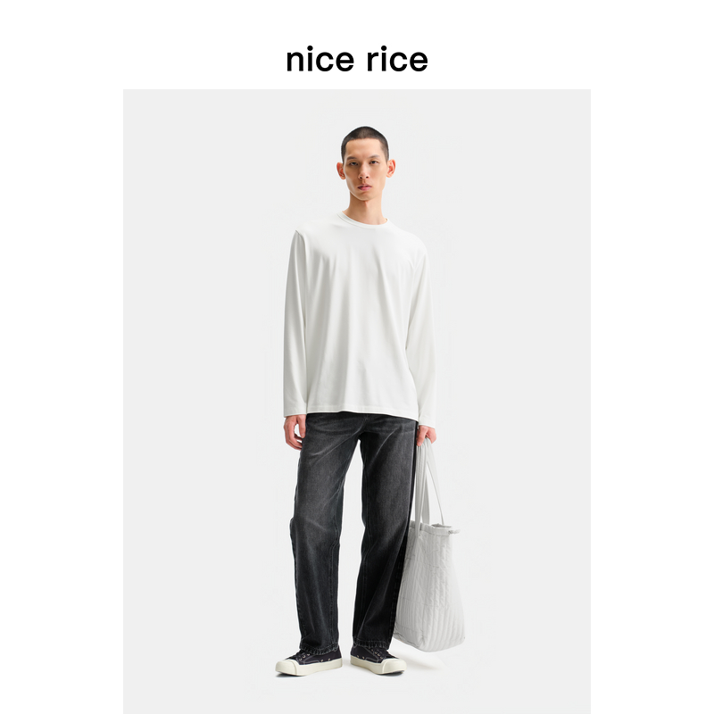 nice rice好饭 25冬季新品14.3盎司宽松微锥黑色牛仔裤NHD13043