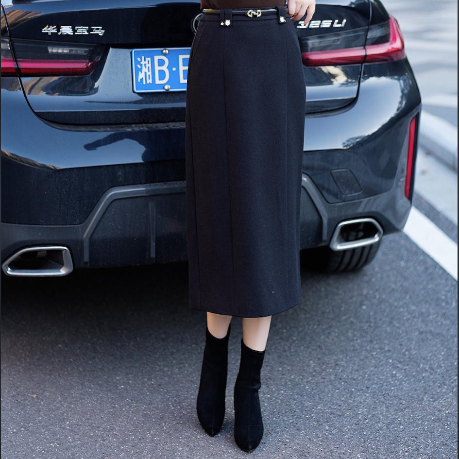 呢料秋冬新款2025气质半身裙高腰显瘦开叉一步裙中长款A字裙-2571