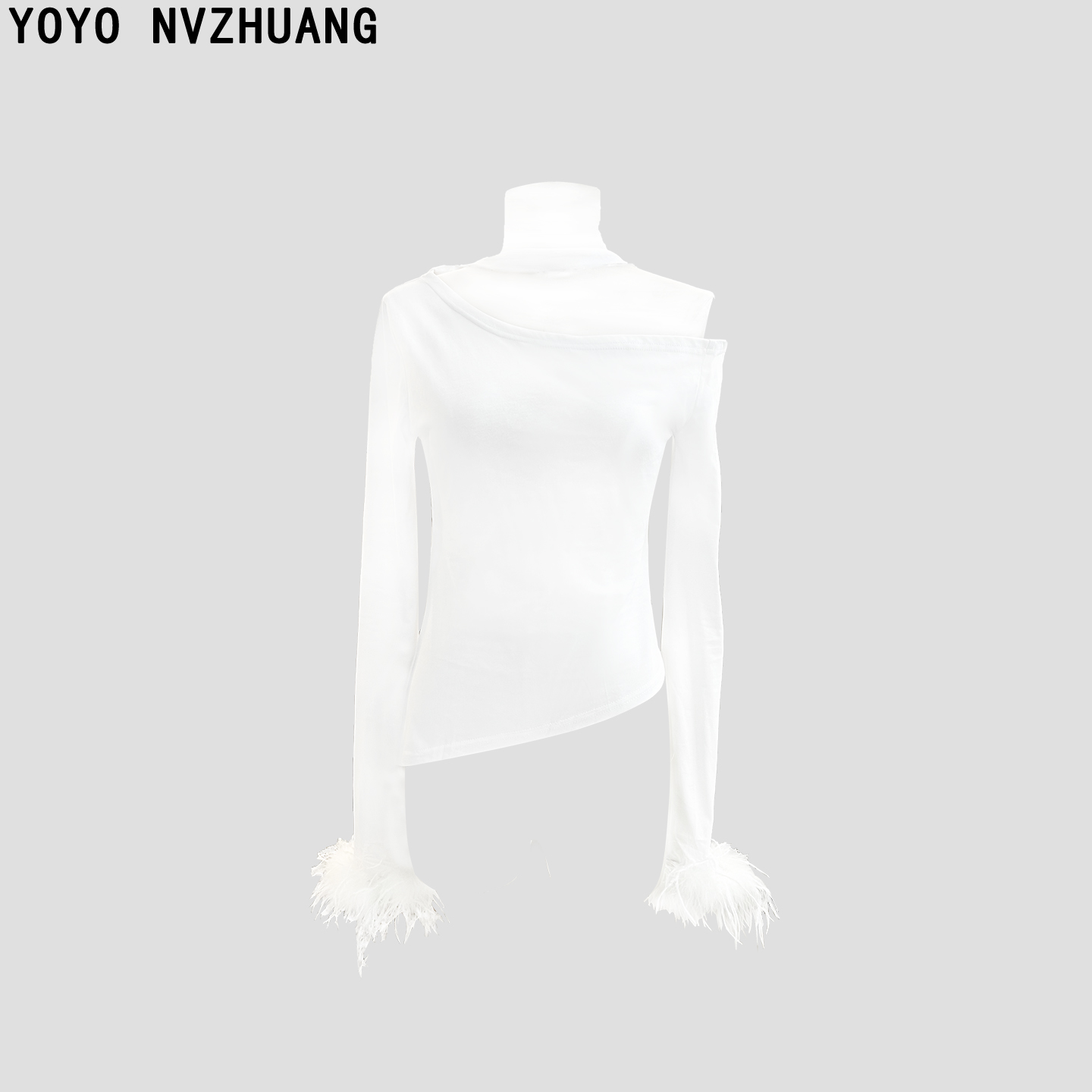 白色常规款修身型半收身型T恤女士露肩长袖打底衫秋冬