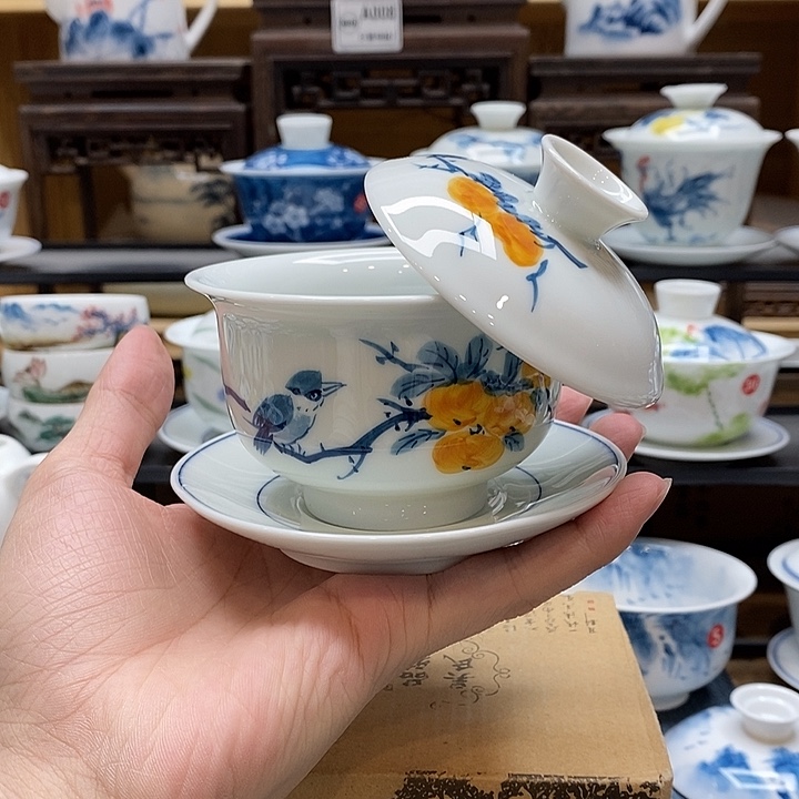 手绘喜柿图盖碗160cc悬停釉下彩微瑕福利款