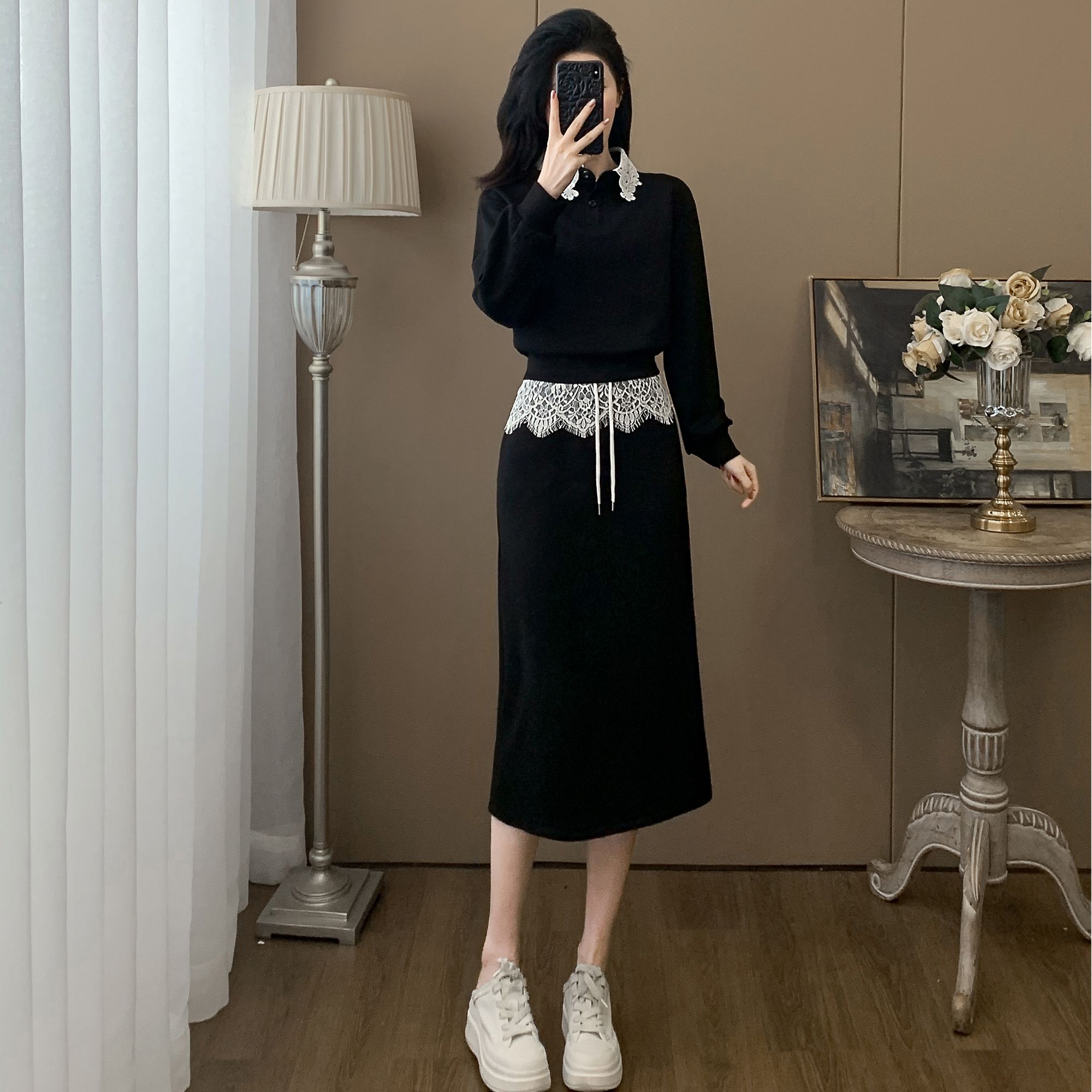 2025春秋新款休闲套装女显瘦时尚气质蕾丝拼接卫衣半身裙两件套潮