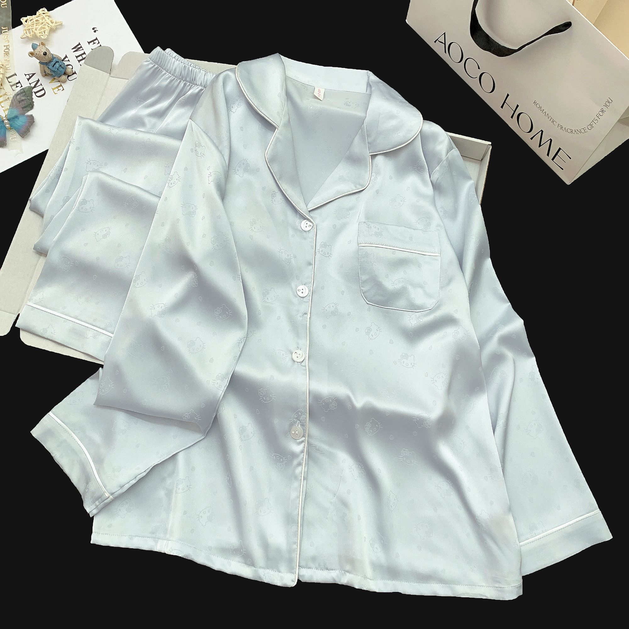长袖冰丝睡衣女秋季春季时尚家居服简约睡衣女长裤春秋家居服套装