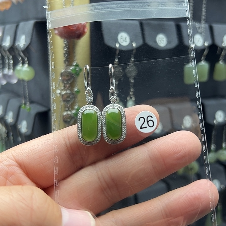 和田玉（碧玉）耳饰银S925镶嵌幻*