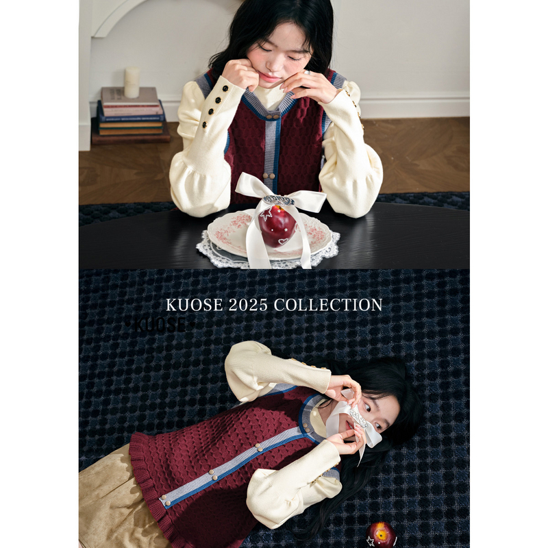 阔色圣诞针织背心马甲女2025秋冬新木耳边红色叠穿上衣KSJ2512001