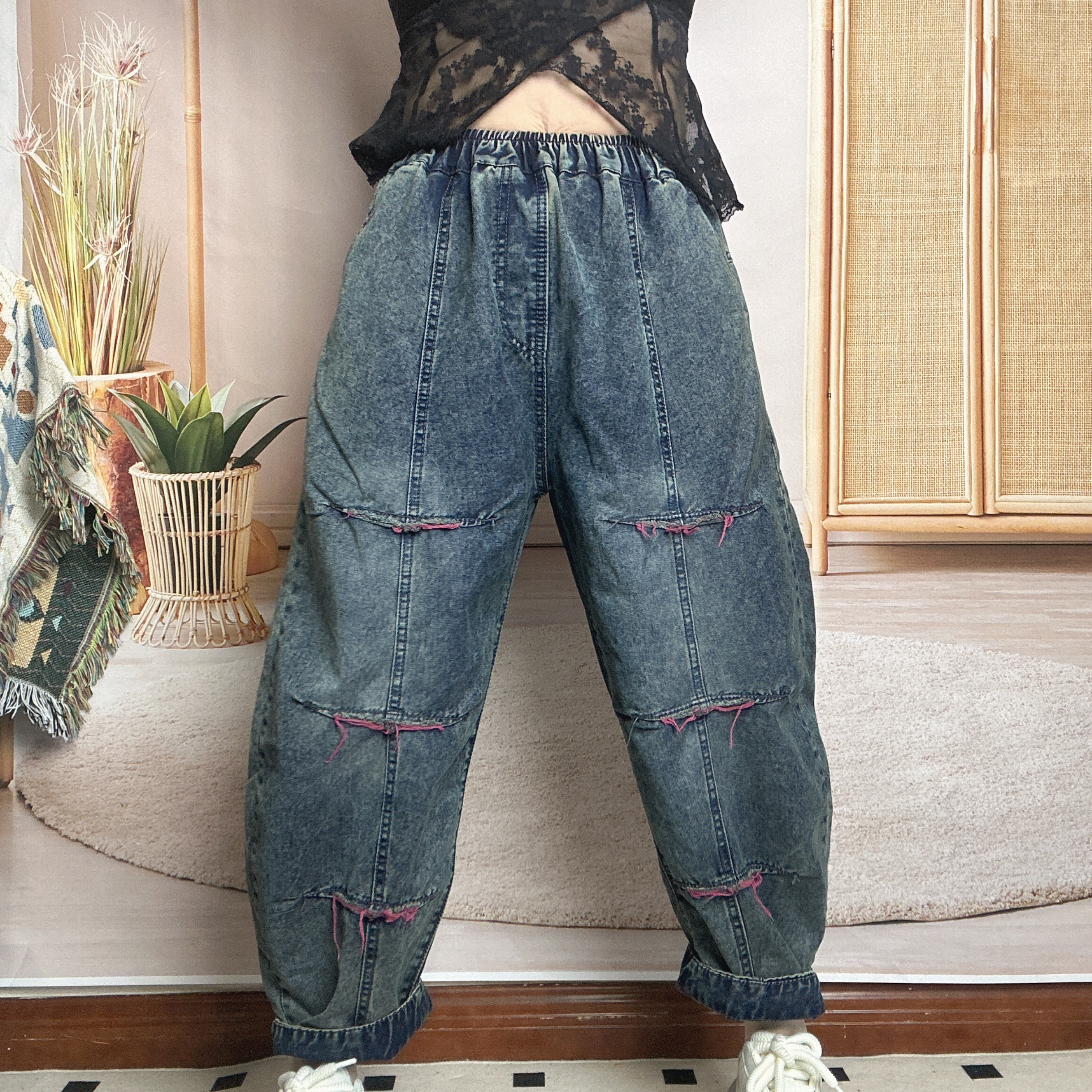 86161大码牛仔裤磨白哈伦裤做旧薄款