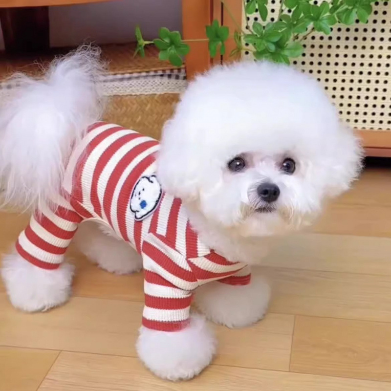 狗狗衣服春秋装薄款防掉毛牵引条纹衫四脚衣泰迪比熊博美小型幼犬
