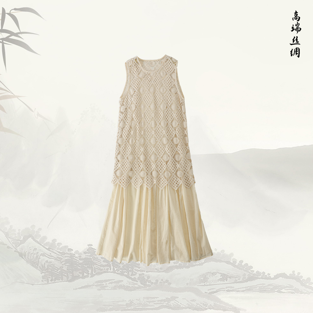品牌新款法式复古刺绣勾花镂空无袖连衣裙52103
