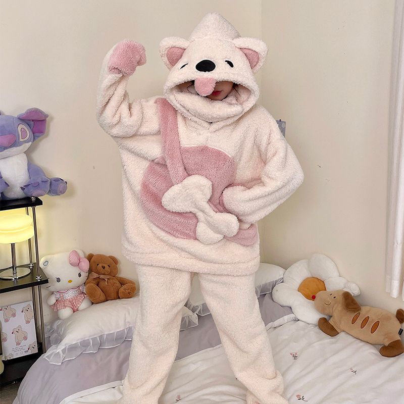北极熊分体睡衣女秋冬季珊瑚绒加厚保暖连帽可爱甜美家居服可外穿
