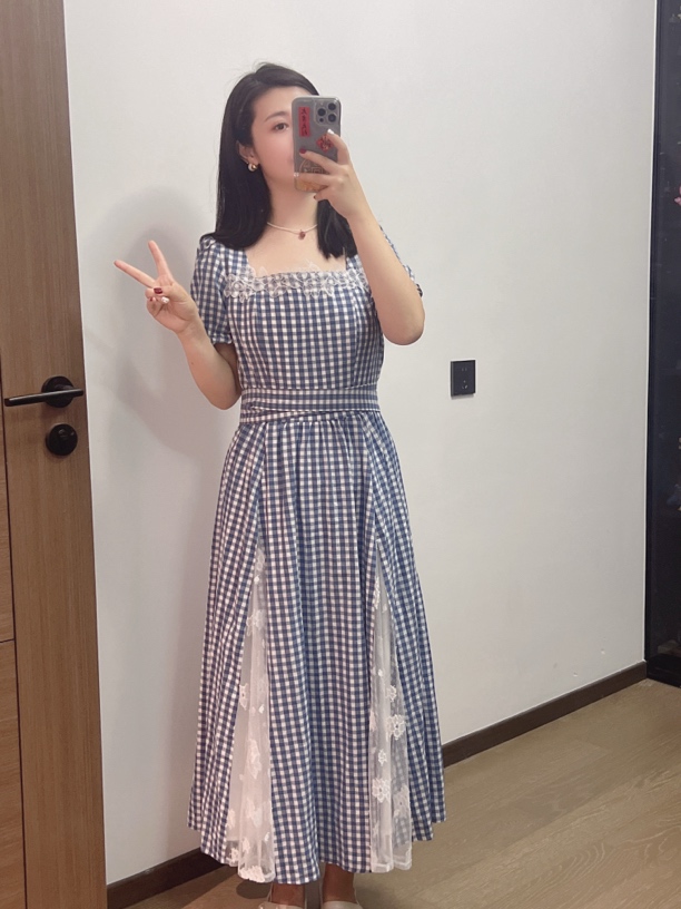 【晶晶推荐】短袖高腰格纹方领夏季连衣裙韩版小个子收腰时尚长款裙