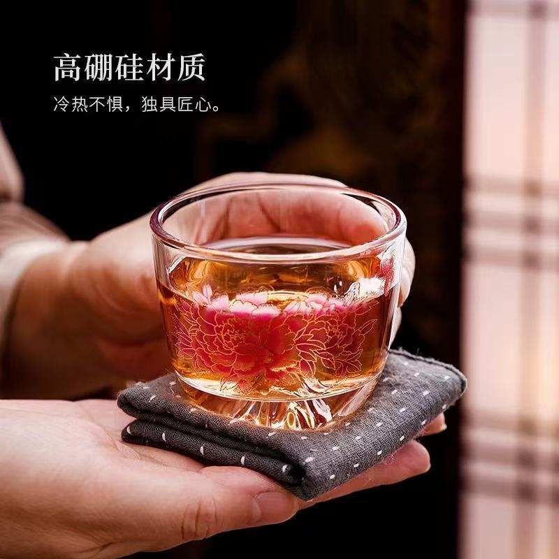 Z5678-高硼硅玻璃杯牡丹变色主人杯品茗杯一个
