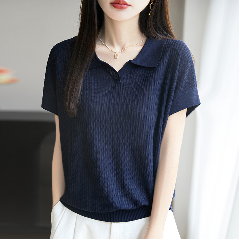 【100天丝莱赛尔】时尚翻领短袖t恤女夏季新款洋气显瘦针织上衣5127