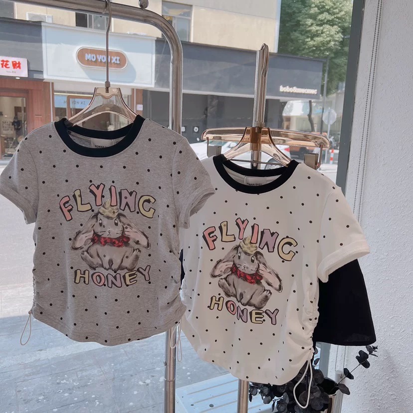 【清货】2025夏韩版波点兔兔抽褶短袖T恤 D388 388 D309 309 M