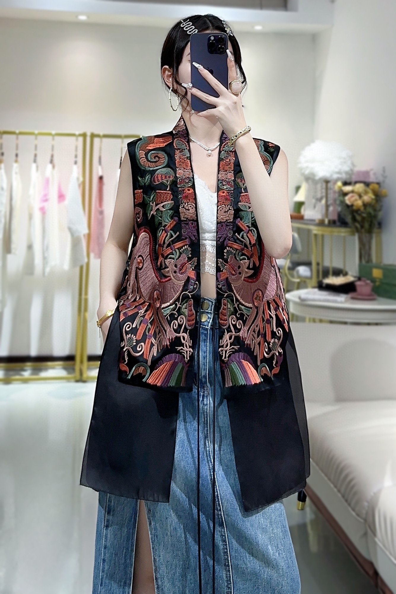 【古梵孜】进口三醋酸拼真丝欧根缎重工刺绣马甲