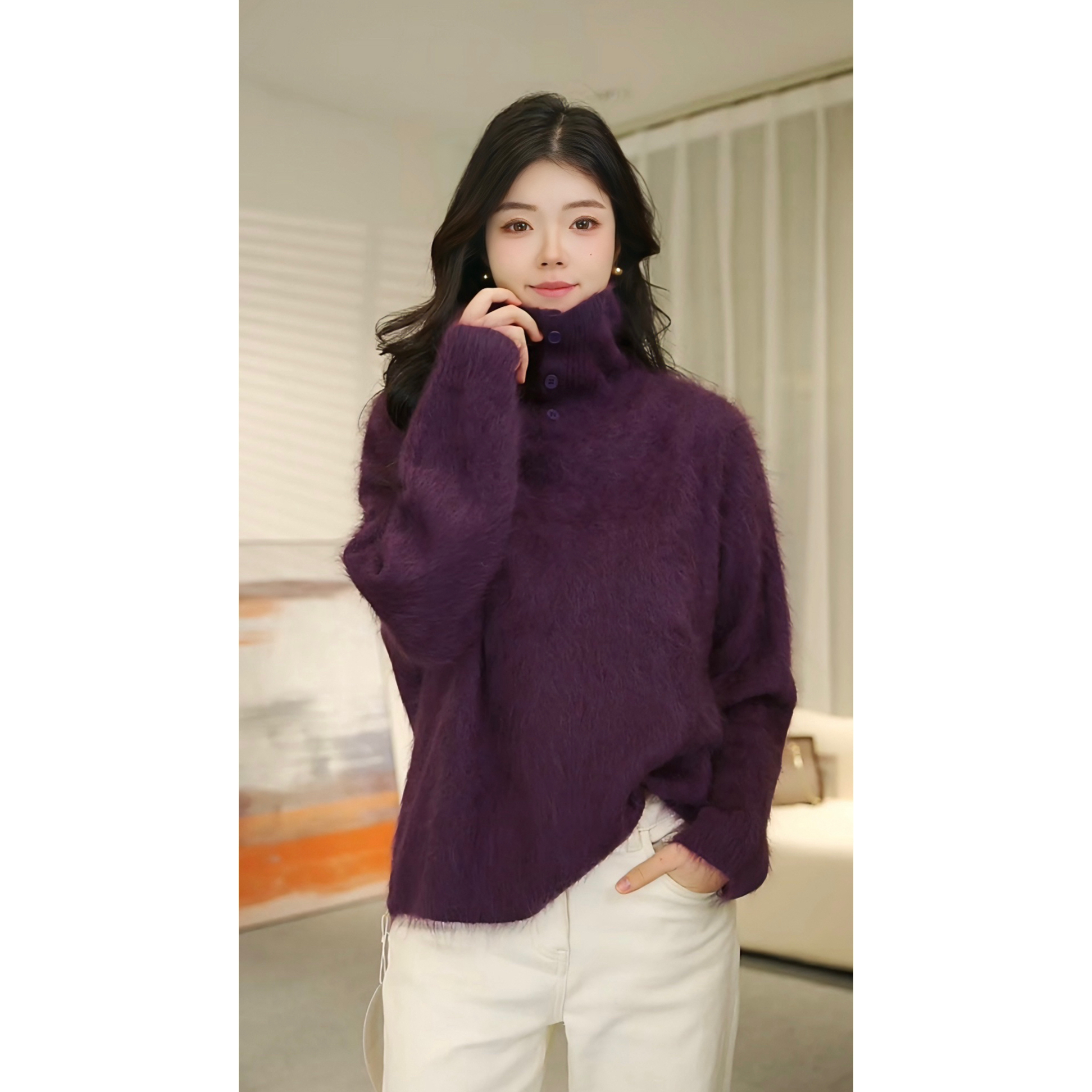 【亦菲me】山羊绒+桑蚕丝+绵羊毛高领拉绒羊绒桑蚕丝套头针织秋冬