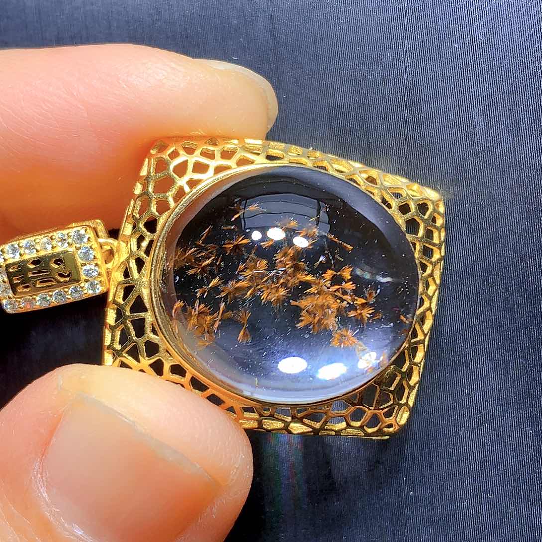 水晶吊坠银S925镀金镶嵌天然水晶
