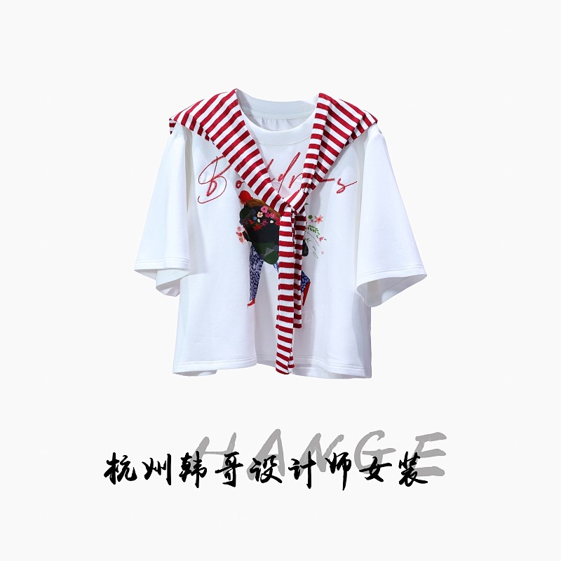 【韩哥女装】2025欧版象牙白印花条纹披肩休闲高克重短袖8351-C1