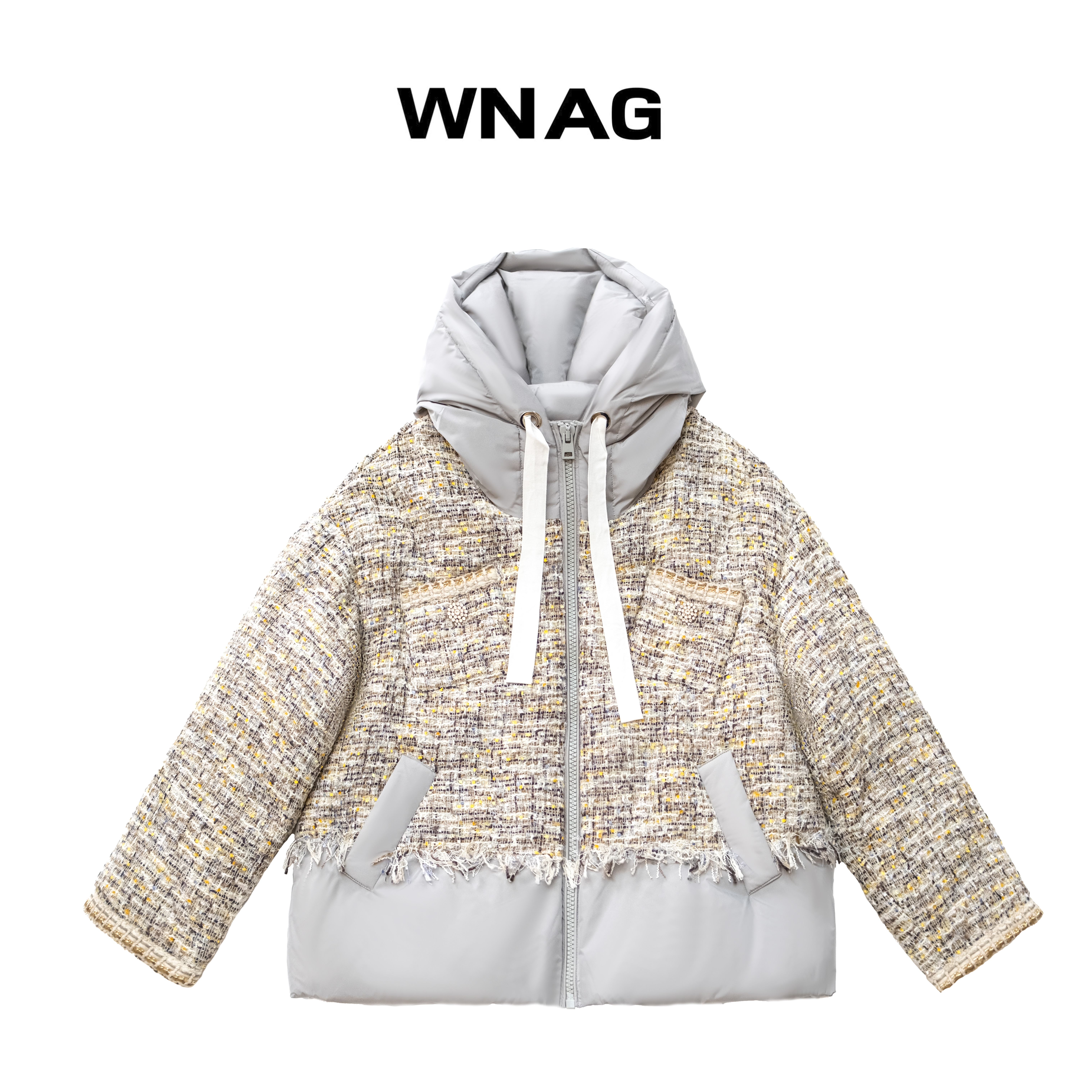WNAG小香风保暖连帽拼接短款立领女装秋冬加厚羽绒服YJ1313