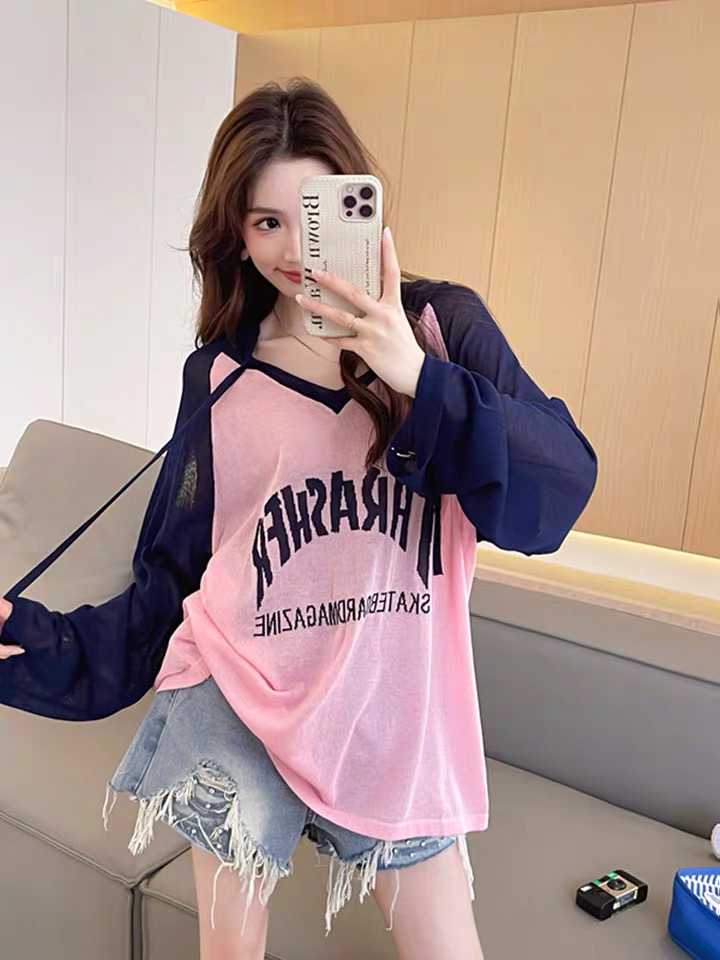 夏季宽松慵懒风长袖薄款圆领针织衫女条纹空调衫防晒服