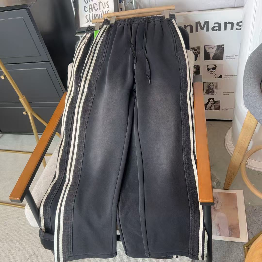 日系重磅加绒加厚 A61男女同款宽松直筒水洗卫裤