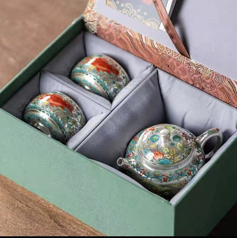 鱼纹麟银壶一壶两杯+龙木茶盘 -ZHZ302（众）