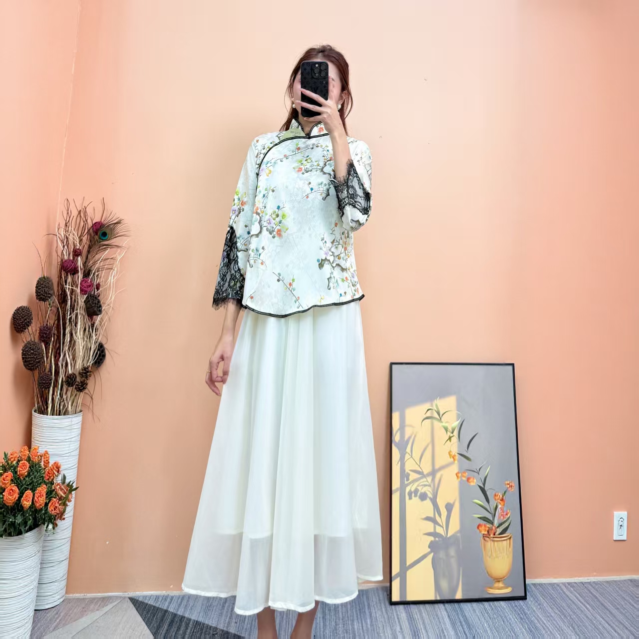 [依易原创]新中式气质复古斜纹珠光缎蕾丝袖印花衬衣E1213