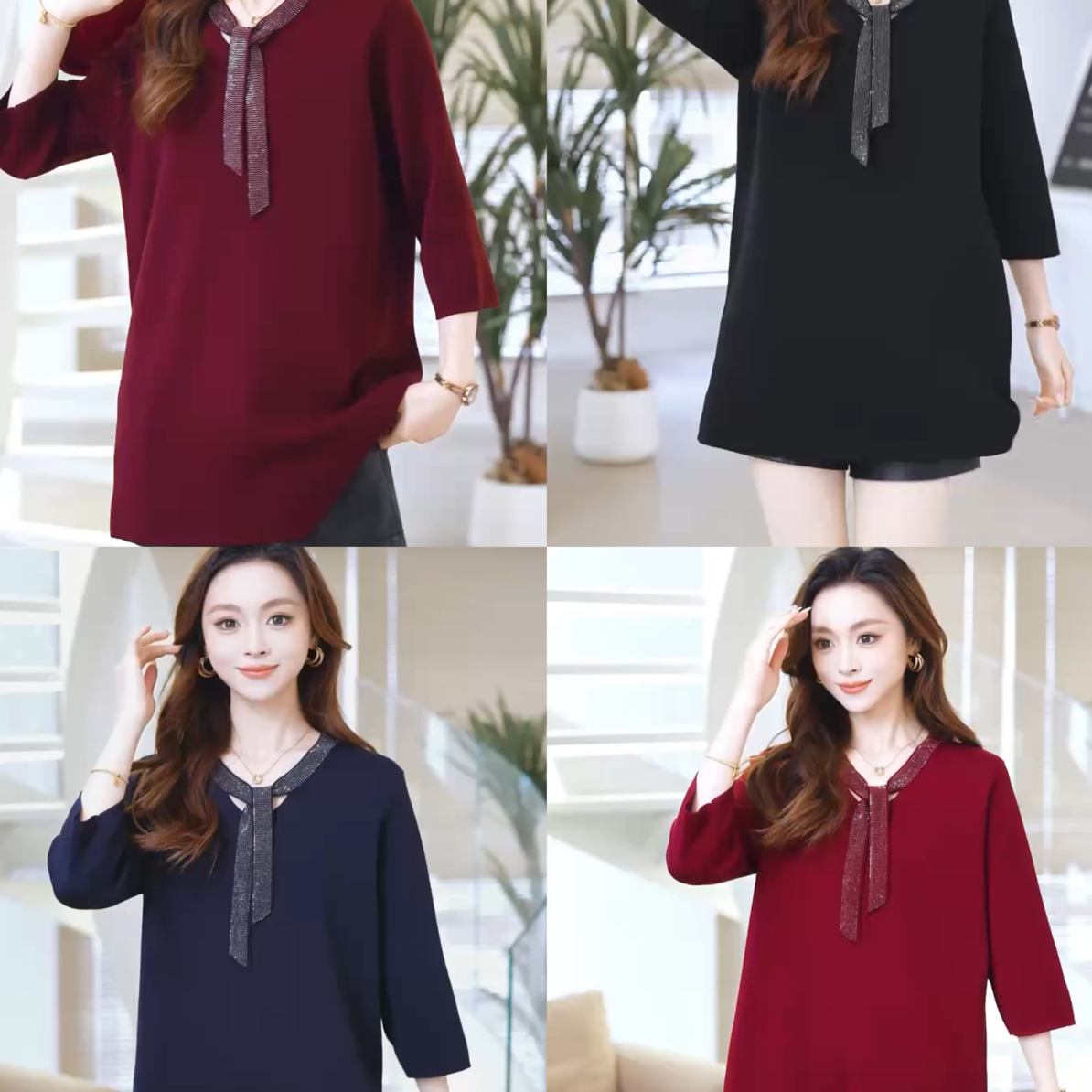 胶麻压钻飘带年货打底衫