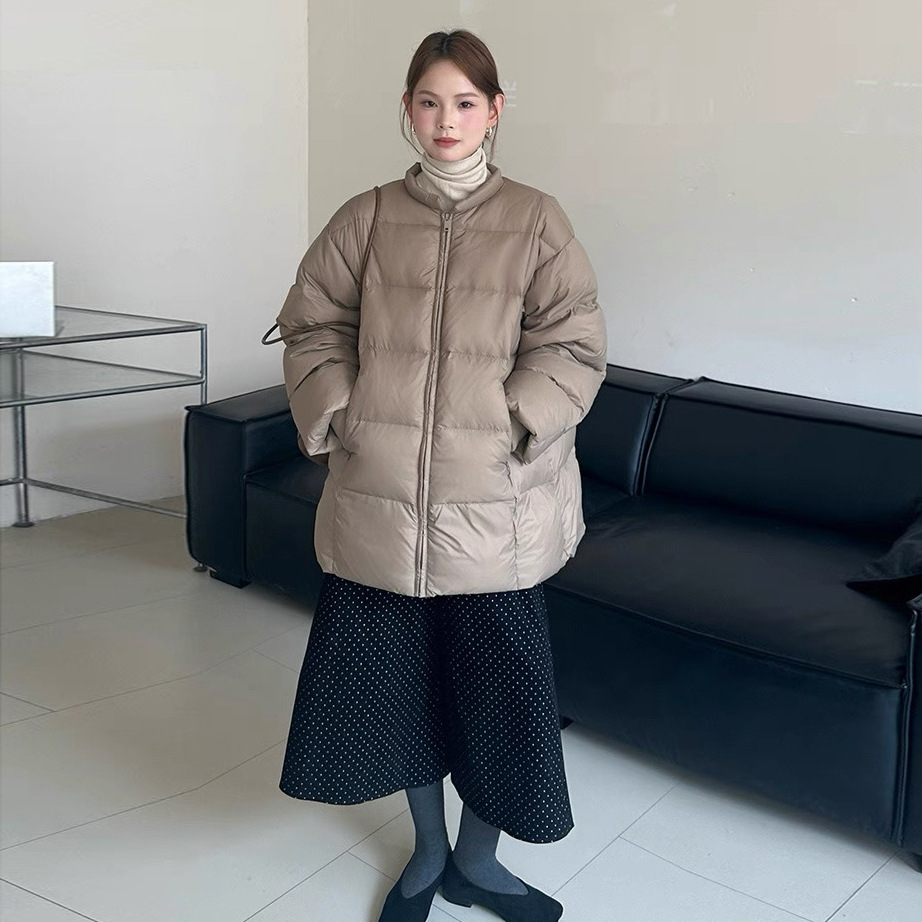 冬季新款时尚百搭圆领加厚中长款保暖棉服外套冬天棉服女