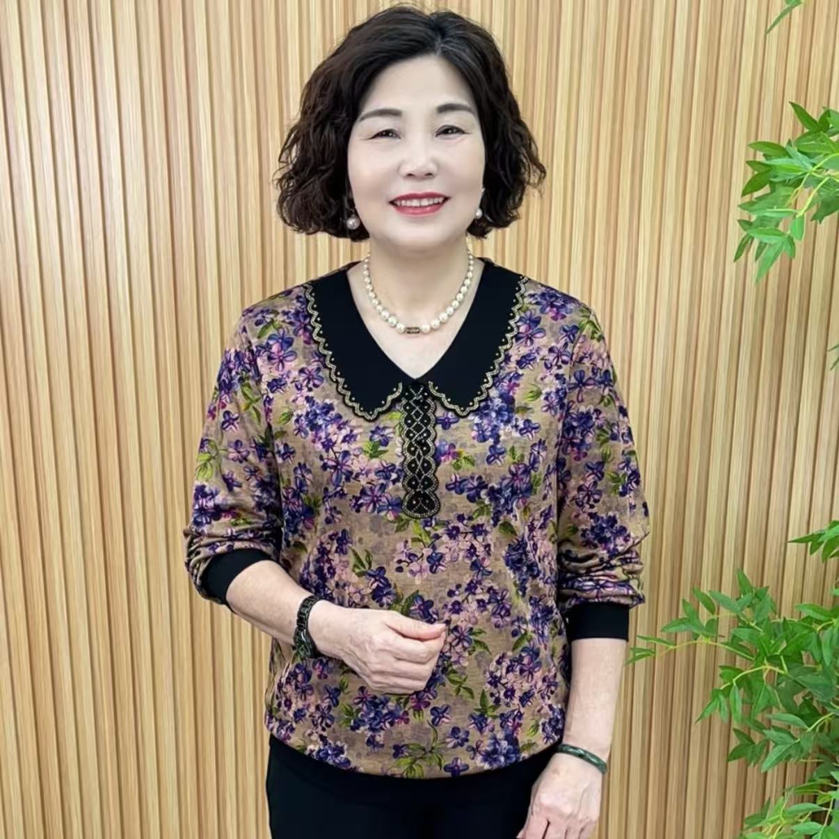 娃娃领时尚常规款薄款中老年女装网红百搭小衫宽松V9910