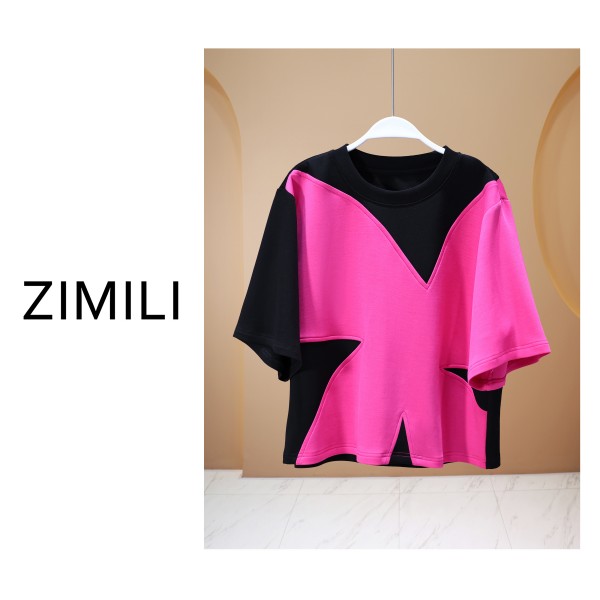 【子秋女装】2025夏轻薄透气玫红撞色拼接时尚休闲T恤7978