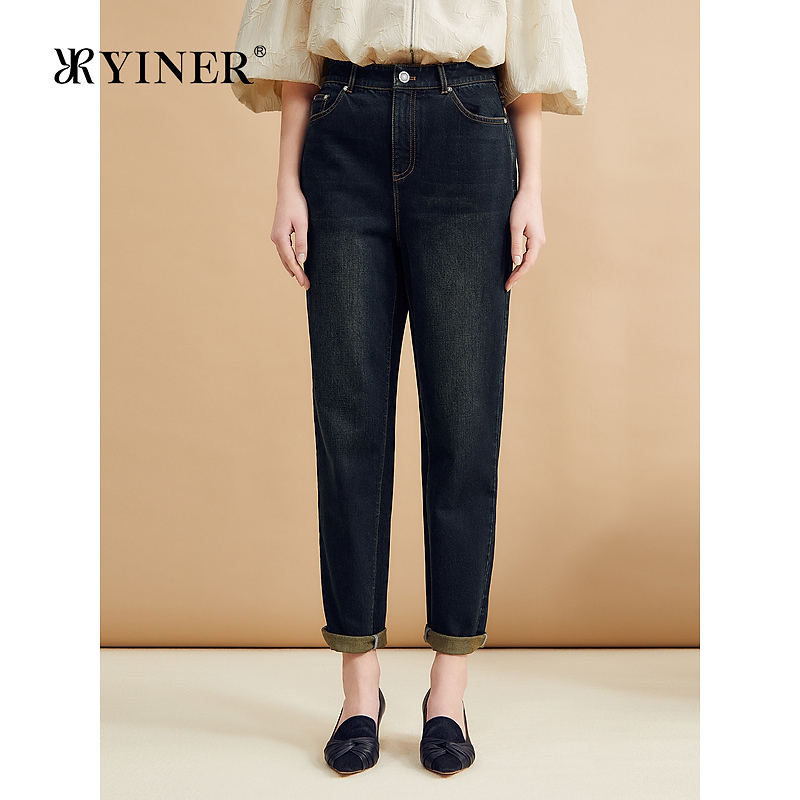 YINER音儿秋季时尚经典高腰锥形长裤复古水洗牛仔裤