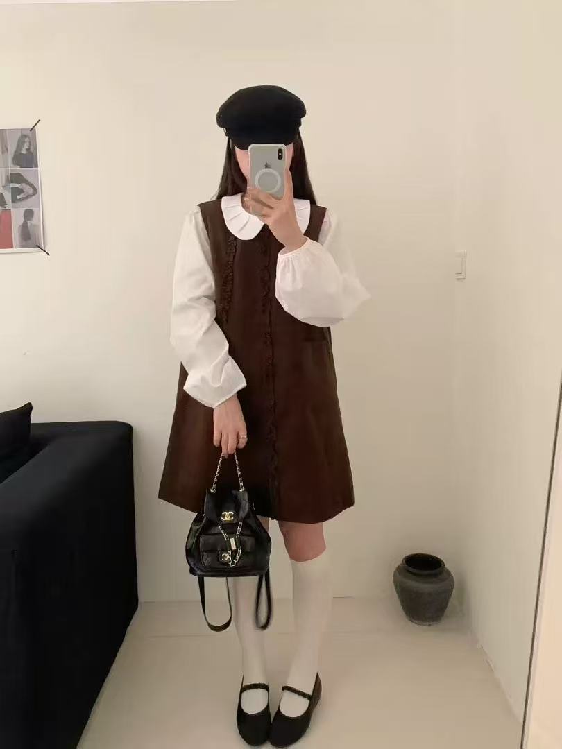 韩版秋季复古时尚气质千金风减龄娃娃领衬衫木耳边拼接背带裙套装