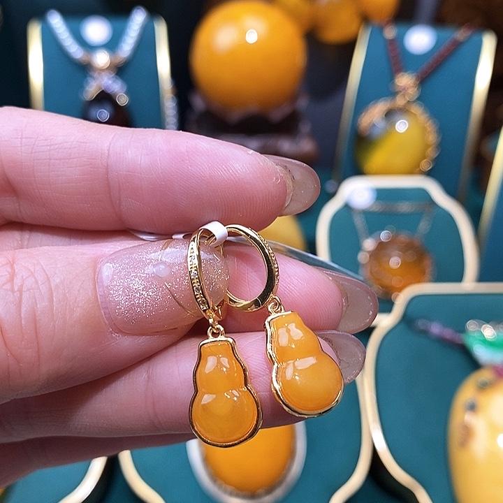 蜜蜡耳饰银S925镀金镶嵌