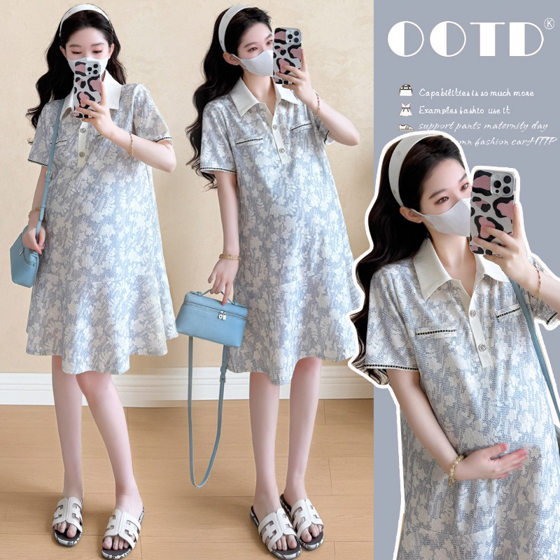 孕妇装夏季新款时尚穿搭2025新款重工polo领提花连衣裙