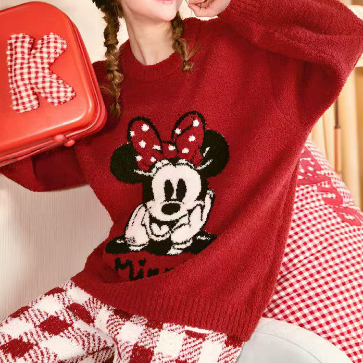 半边绒红色米奇情侣睡衣女秋冬季加厚保暖可外穿家居服ALE