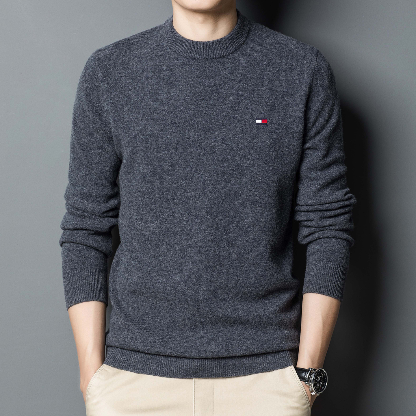 正品Tommy汤米100%纯羊毛衫圆领秋冬加厚保暖针织衫纯色打底毛衫