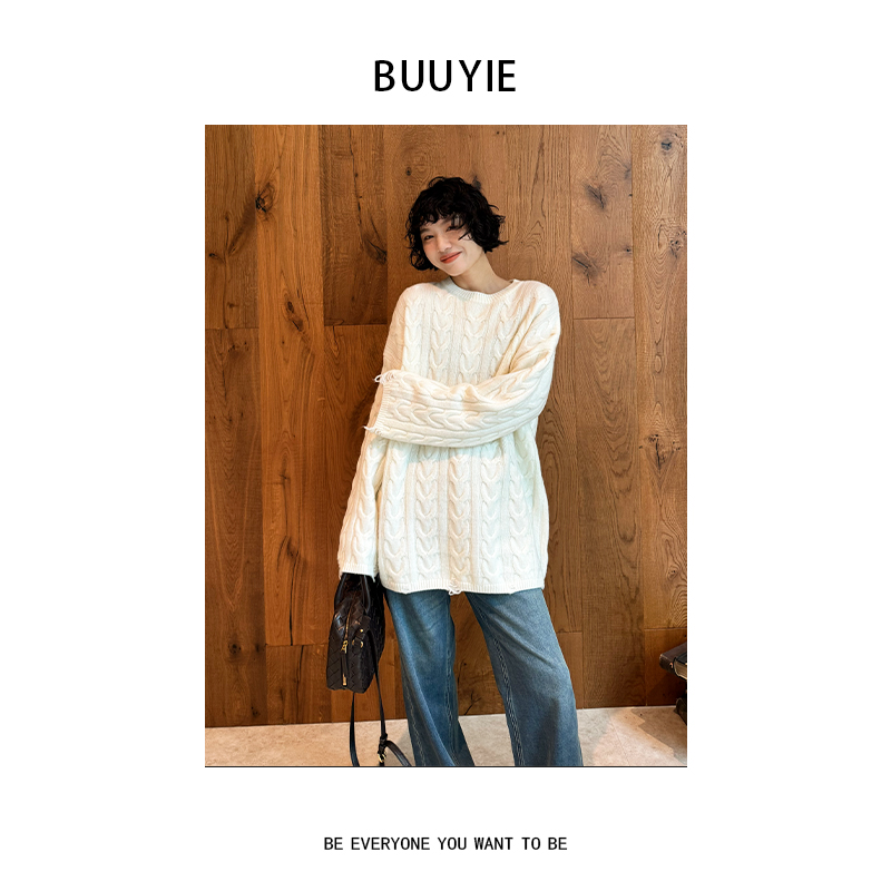 BUUYIE【绒织】轻奢绵羊毛针织毛衣宽松慵懒松弛感毛线衣251097