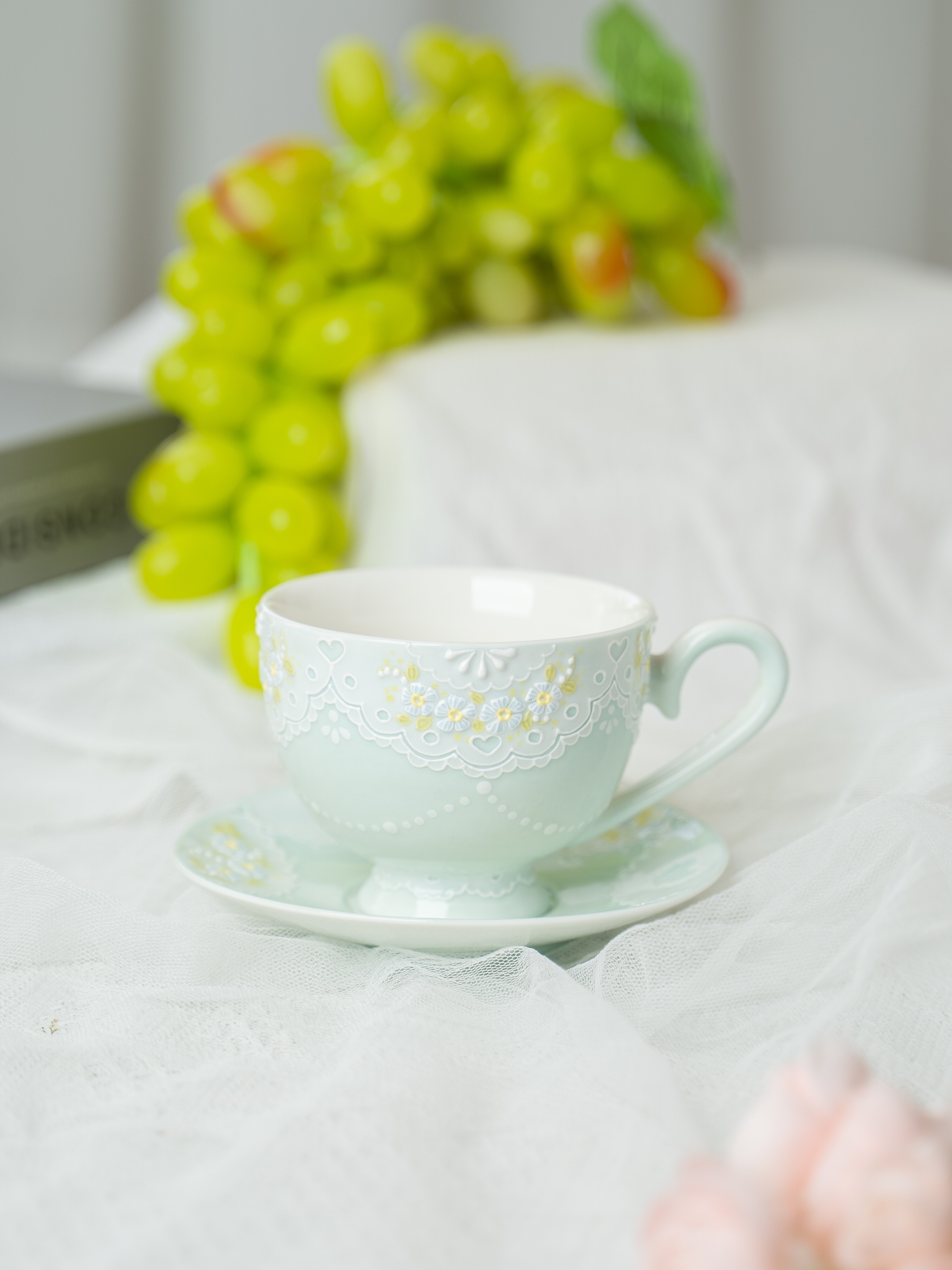 夏兜 | 海盐色蕾丝小清新蓝花马克杯碟陶瓷杯