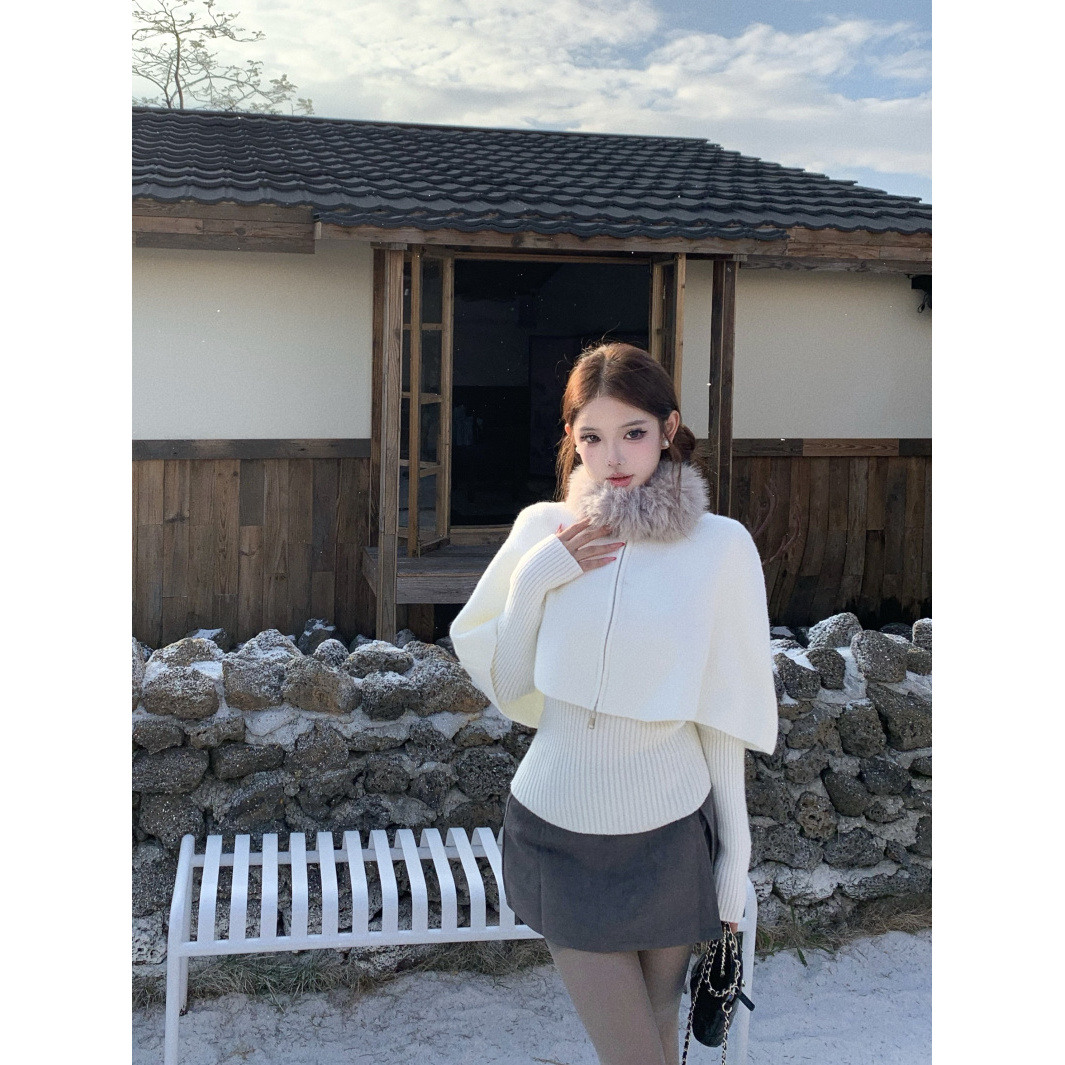 双拉链可拆毛领斗篷披肩女秋冬时尚套装白色长袖针织衫上衣女打底