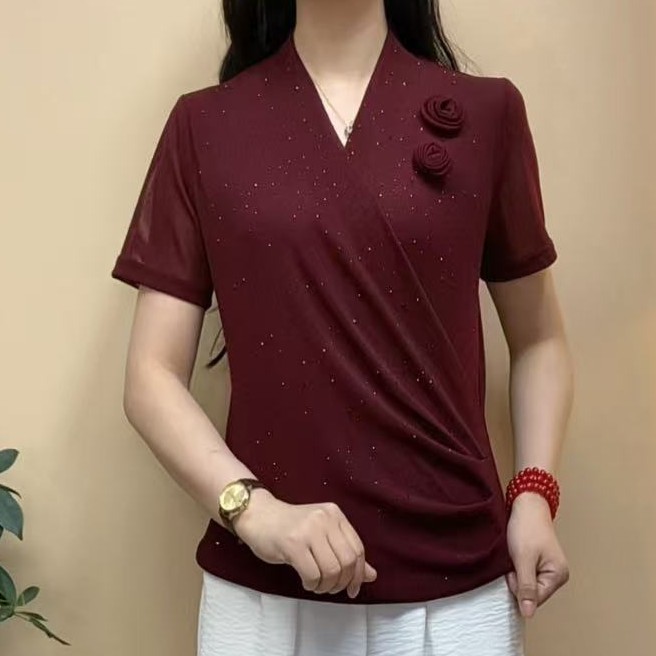  2025 夏季新品交叉两朵花烫钻显瘦遮肉洋气百搭小衫