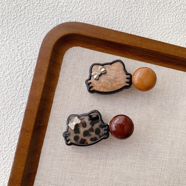 棕色系豹纹猫咪发夹ins日韩百搭圆球刘海侧边夹卡通发夹头饰发饰